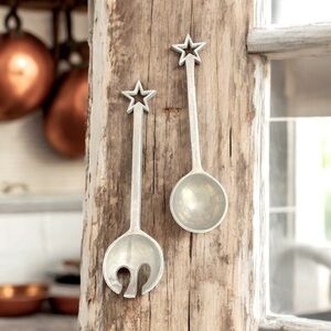 Midcentury Aluminum Salad Server Star Handle Design, Fork Spoon Serving Utensils